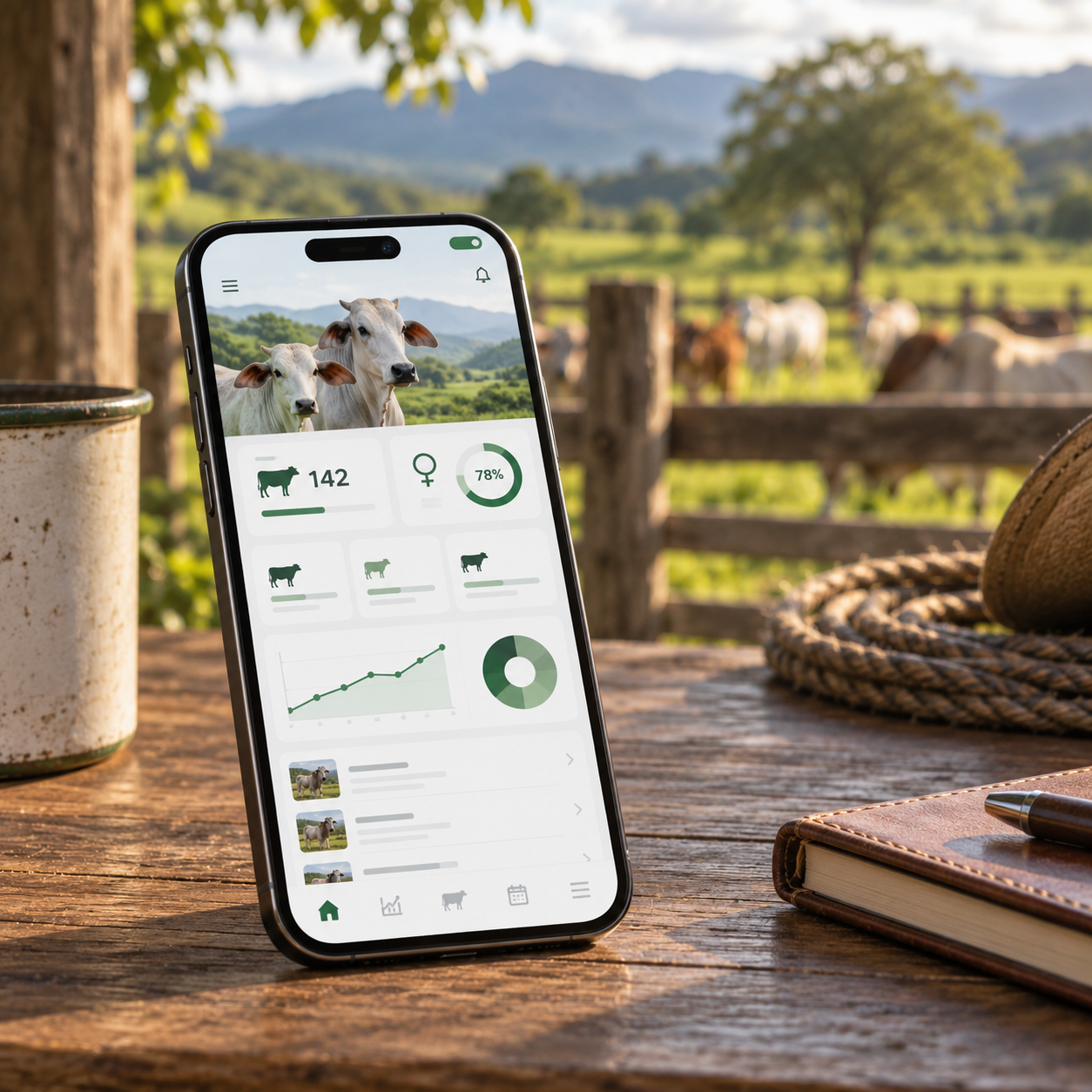 La app de Vacapi mostrando el panel de gestión ganadera sobre una mesa de finca