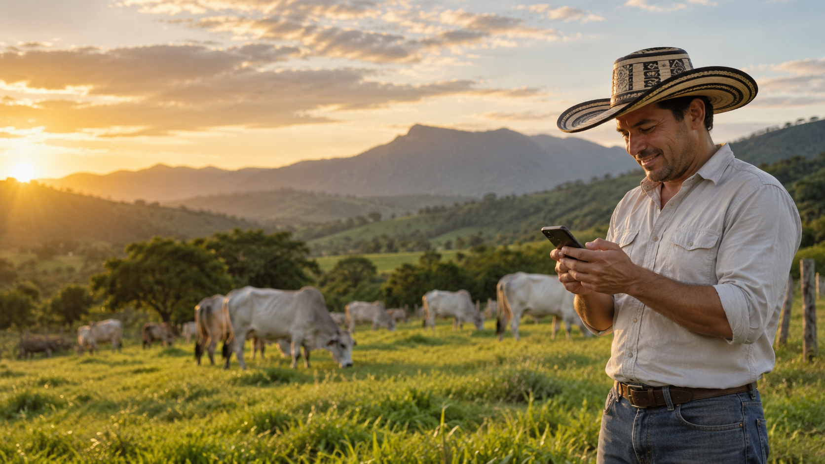 Ganadero colombiano usando Vacapi en el celular, en su finca al atardecer